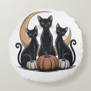 Whimsigothic Black Cats Pumpkin Moon Halloween  Round Cushion