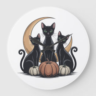 Whimsigothic Black Cats Pumpkin Moon Halloween Wal Large Clock