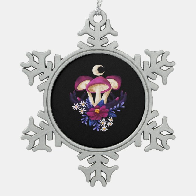 Whimsigothic Mushrooms Classic Snowflake Pewter Christmas Ornament (Front)