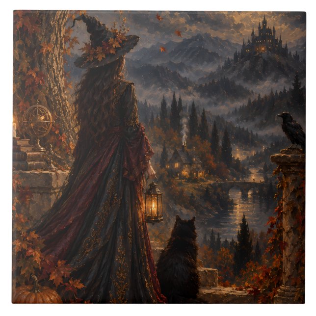 Whimsigothic Witch Autumn Moonlit Castle Tile (Front)