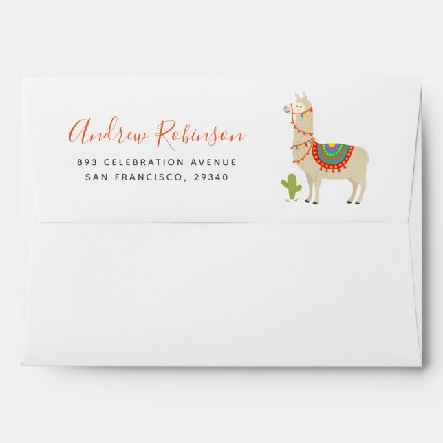 Whimsy Animal Llama Birthday Party Pre-addressed Envelope (Back (Top Flap))
