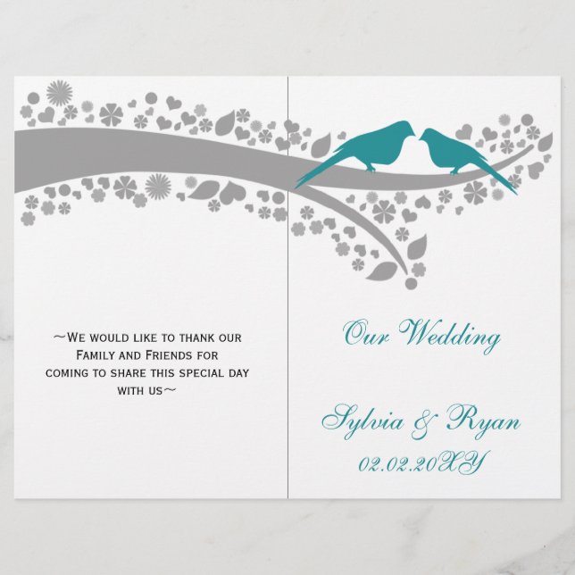 whimsy aqua lovebirds  folded Wedding program (Front)