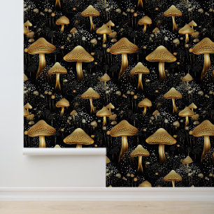 Whimsy Black Gold Mushrooms Pattern Peel And Stick Wallpaper