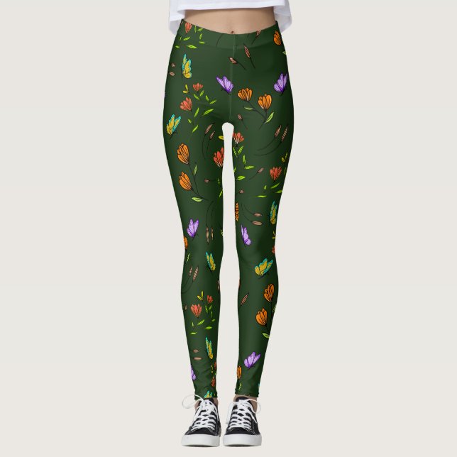 Whimsy Bloom Floral Butterfly Pattern Leggings (Front)