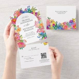 Whimsy Bold Floral Watercolor QR Code Wedding All In One Invitation