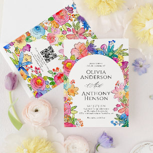 Whimsy Bold Floral Watercolor QR Code Wedding Invitation