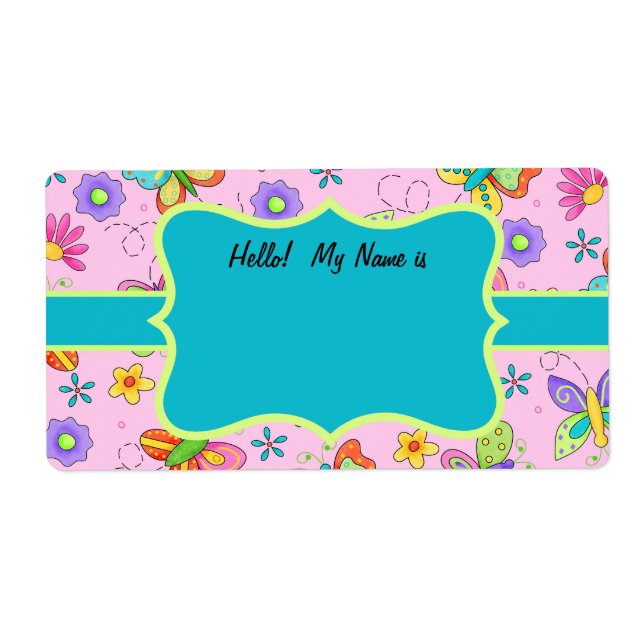 Whimsy Butterflies Pink Turquoise Name Tag (Front)