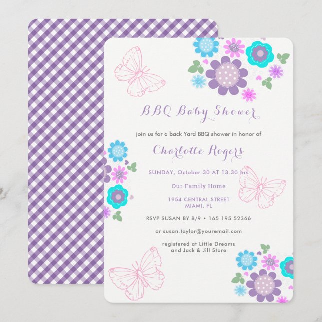 Whimsy Butterfly Flowers BBQ Backyard Baby Shower Invitation (Front/Back)