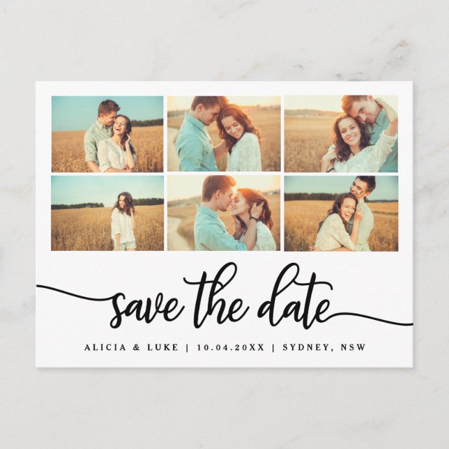 Whimsy Calligraphy Save the Date Photo Collage Announcement Postcard (Front)