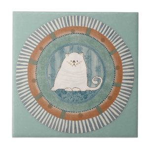 Whimsy Cat Mint Blue Terracotta Aqua Teal Tile