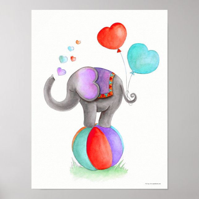 Whimsy circus grey elephant on a ball nursery poster (Front)