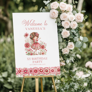 Whimsy Cute Fairy Pink Floral 1st Birthday Welcome Poster
