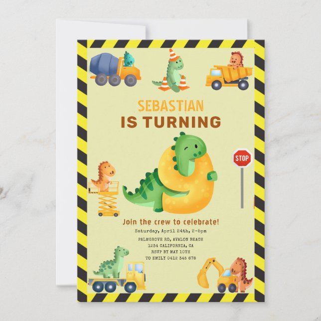 Whimsy Dinosaur Construction 9th Birthday Party  Invitation (Front)