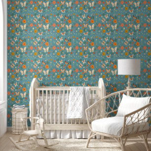 Whimsy Flowers Butterflies Cyan Background Floral Wallpaper