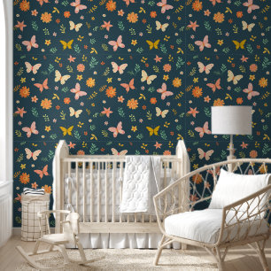 Whimsy Flowers Butterflies Teal Background Floral Wallpaper