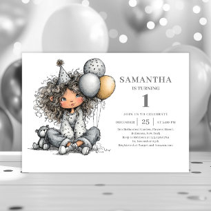 Whimsy Funny Girl Birthday Modern Black Gold Invitation