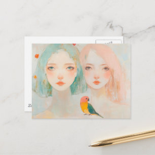 Whimsy Girls With a Cute Bird Postcard