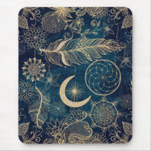 Whimsy Gold Glitter Dreamcatcher Feathers Mandala Mouse Mat