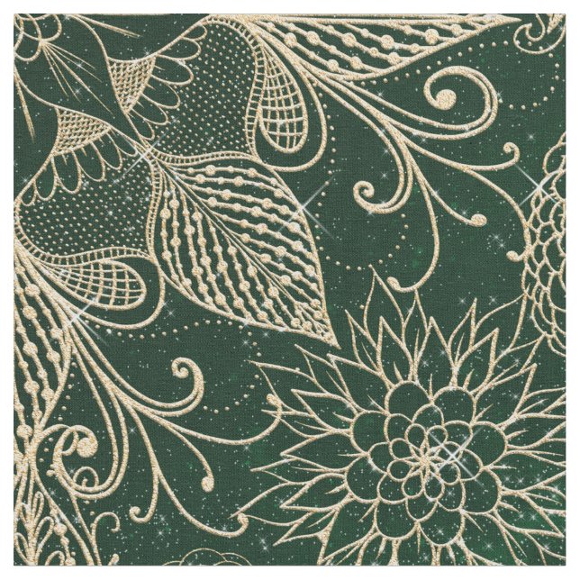 Whimsy Gold & Green Dreamcatcher Feathers Mandala Fabric (Close Up)