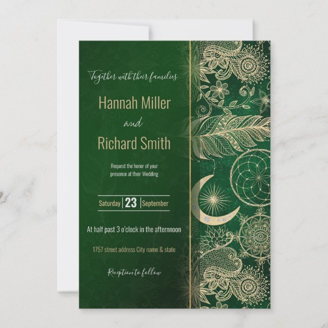 Whimsy Gold & Green Dreamcatcher Feathers Mandala Invitation (Front)