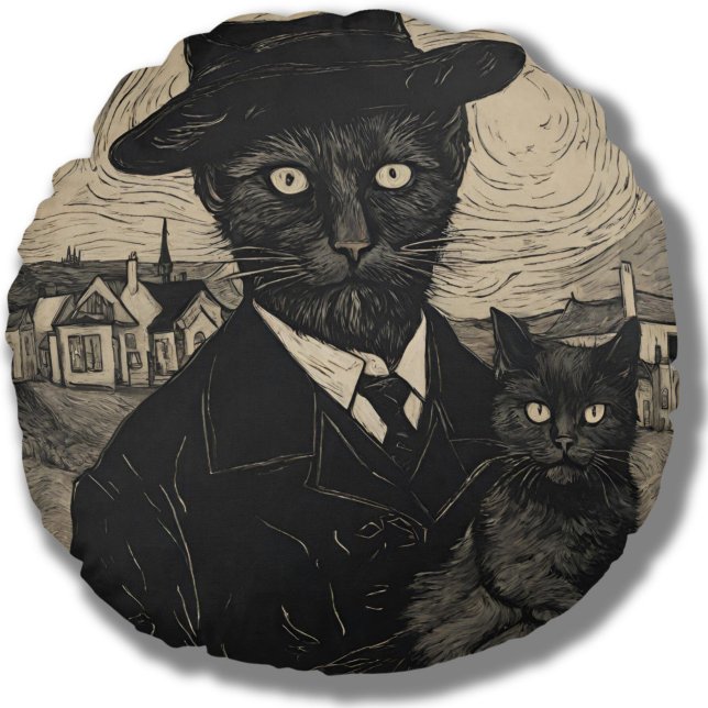 Whimsy Goth Van Gogh Black Cat Round Cushion (Creator Uploaded)