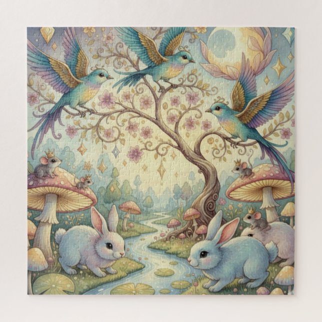 Whimsy Grove - Rabbits and Birds in Twilight Jigsaw Puzzle (Vertical)