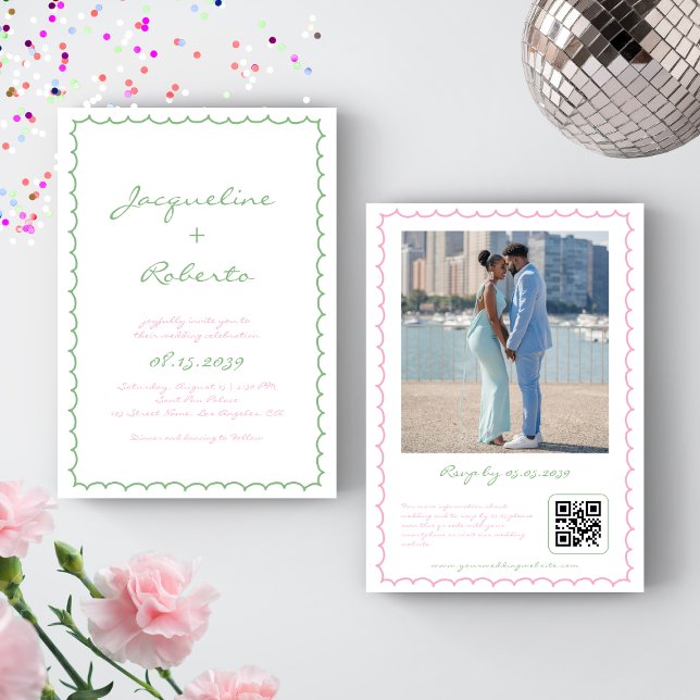 Whimsy Hand Drawn Retro Frame Green Pink Wedding Invitation (Creator Uploaded)