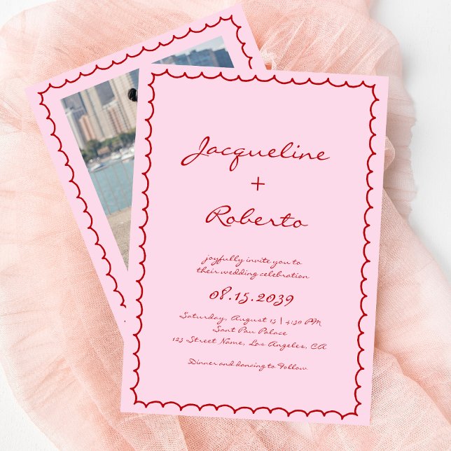 Whimsy Hand Drawn Retro Frame Pink & Red Wedding Invitation (Creator Uploaded)