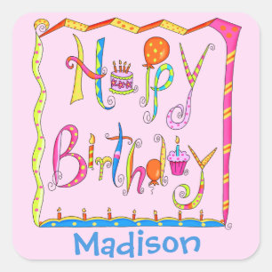 Whimsy Happy Birthday Name Personalised Pink Square Sticker