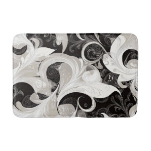 Whimsy in Black and Cream Baroque Swirls Bath Mat