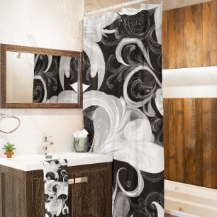 Whimsy in Black and Cream Baroque Swirls Shower Curtain