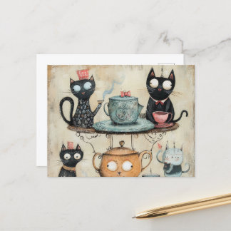 Whimsy Kitty Tea Party Postcard