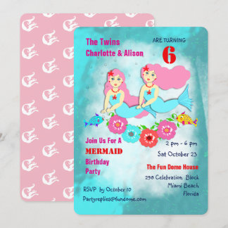 Whimsy Mermaid Twin Girls Birthday Party Invite