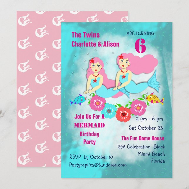 Whimsy Mermaid Twin Girls Birthday Party Invite (Front/Back)