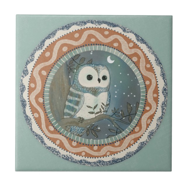 Whimsy Owl Mint Blue Terracotta Teal Aqua Tile (Front)