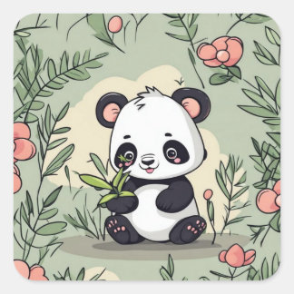Whimsy panda bear on floral square sticker