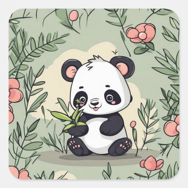 Whimsy panda bear on floral square sticker (Front)