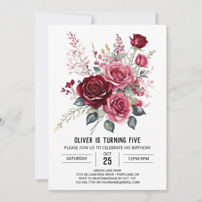 Whimsy Printable Burgundy Floral Birthday Invitation (Front)