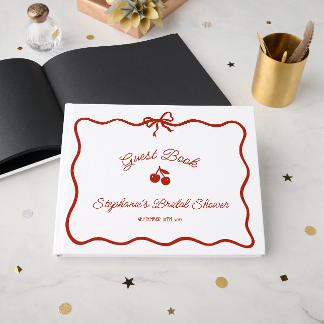 Whimsy Red She's the Cherry on Top Bridal Shower Guest Book (Front Open)