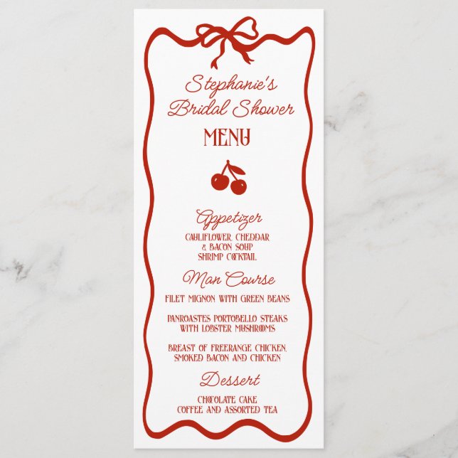 Whimsy Red She's the Cherry on Top Bridal Shower Menu (Front)