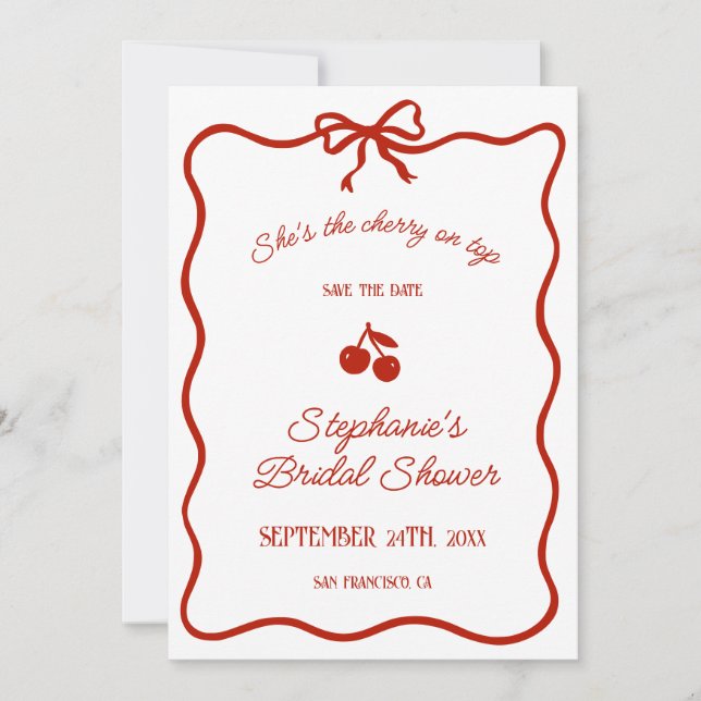 Whimsy Red She's the Cherry on Top Bridal Shower Save The Date (Front)