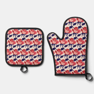 Whimsy Rose Navy Red Silver Quilted Oven Mitt & Pot Holder Set