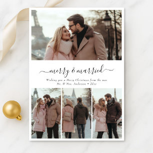 Whimsy Script 4 Photo Merry & Married Christmas Holiday Card