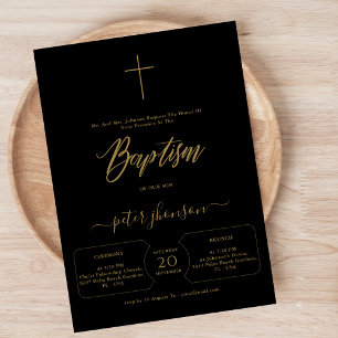 Whimsy Script Black & Gold Gender Neutral Baptism Invitation