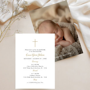 Whimsy Script Black & Gold Photo Catholic Baptism Invitation