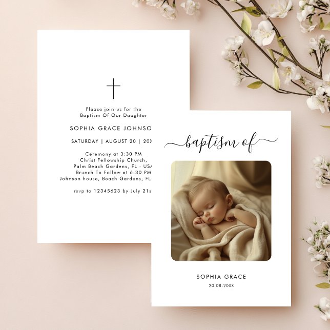 Whimsy Script Black & White Gender Neutral Baptism Invitation (Creator Uploaded)
