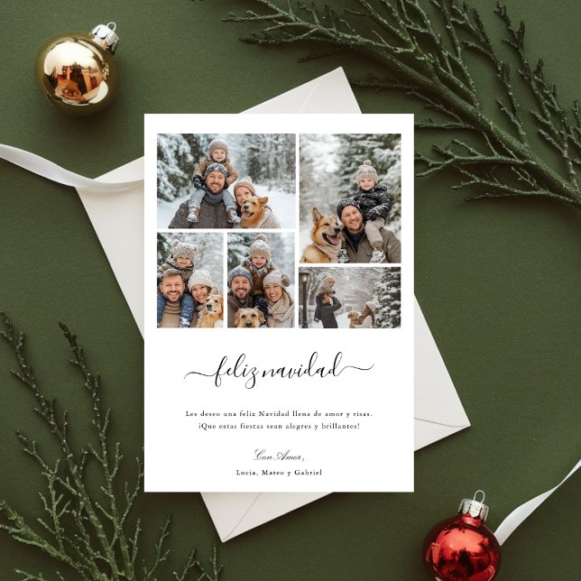 Whimsy Script Feliz Navidad 5 Photo Christmas Holiday Card (Creator Uploaded)