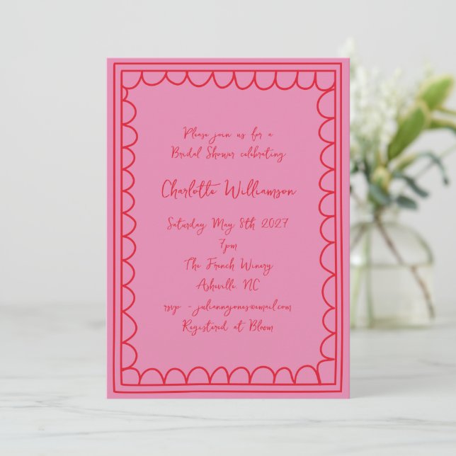 Whimsy Script Pink Red Doodle Border Bridal Shower Invitation (Standing Front)