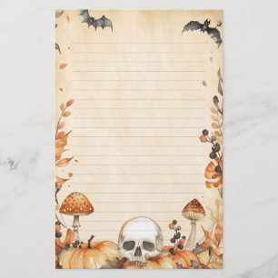 Whimsy Skull and Mushroom Rustic Halloween Lined Stationery