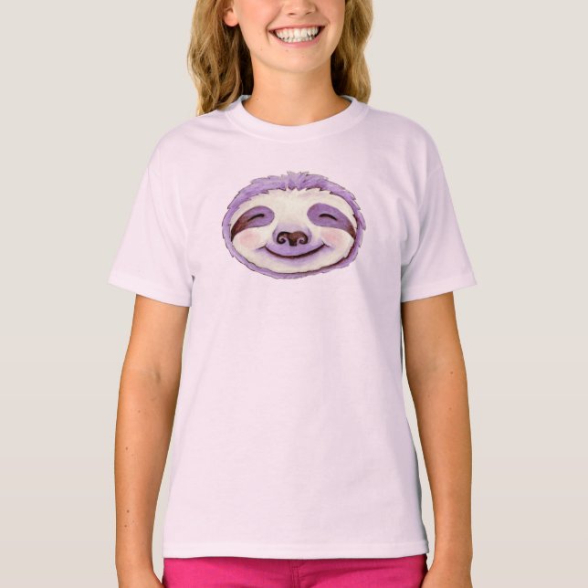 Whimsy sloth face purple watercolor art T-Shirt (Front)